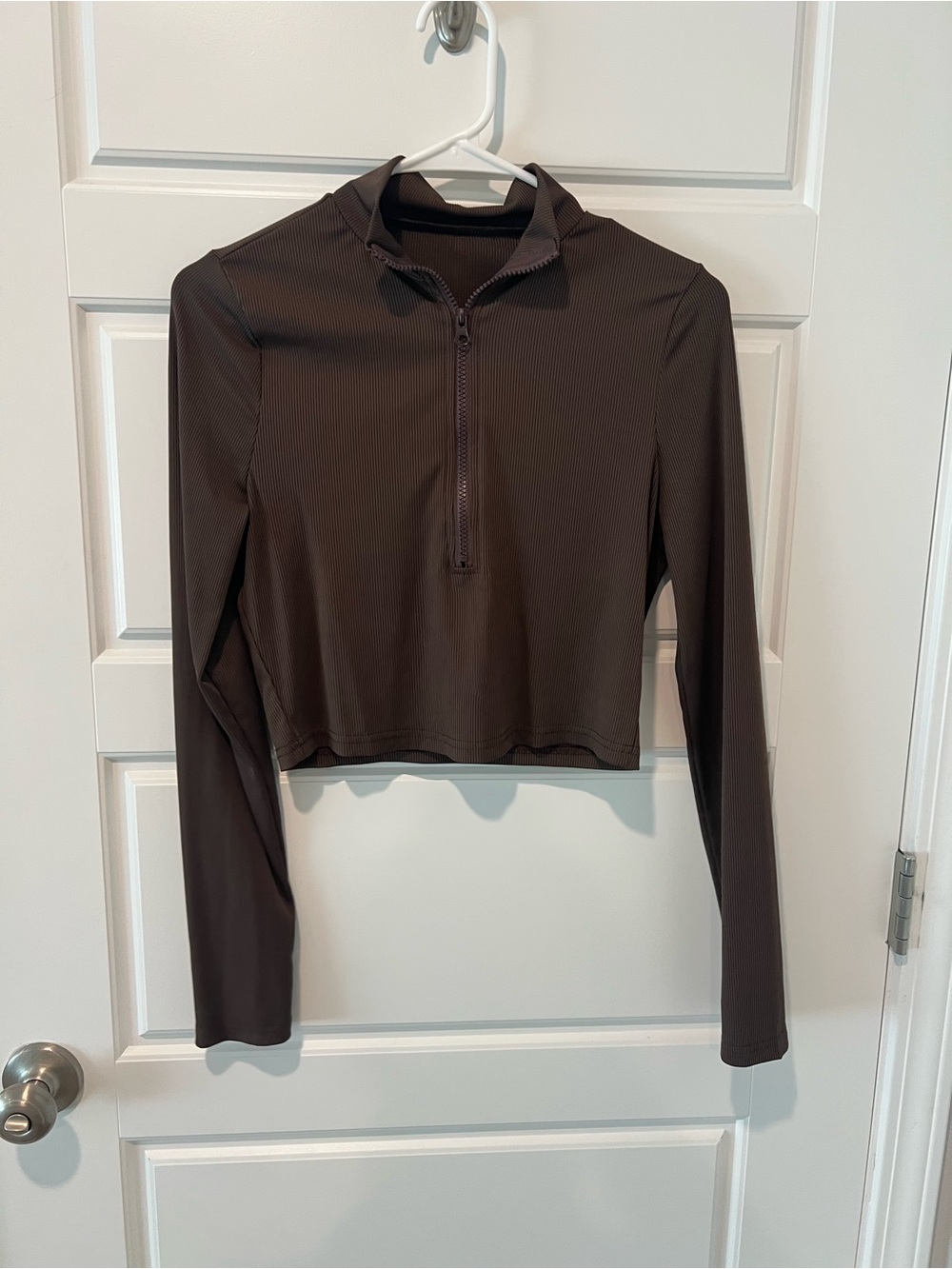 SHEIN Brown Ribbed Cropped Half-Zip Long Sleeve Top